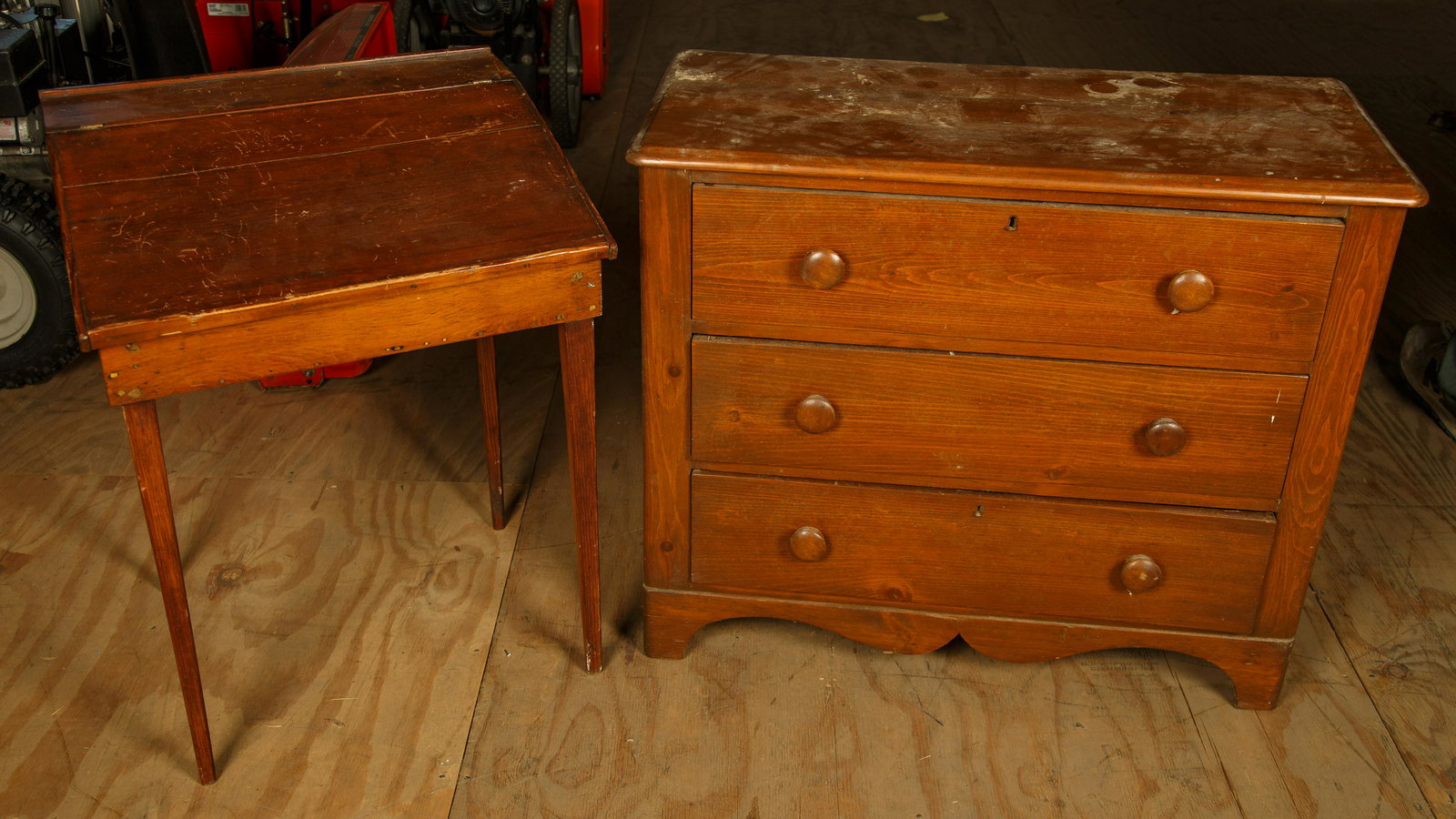 Student's Desk & New England Cottage Chest: Small wooden student's desk with a three drawer New England cottage chest (approx 30" H). Furniture Pick-up Availability-We will have staff available at our Hay Street Location on Thursday the 20th an