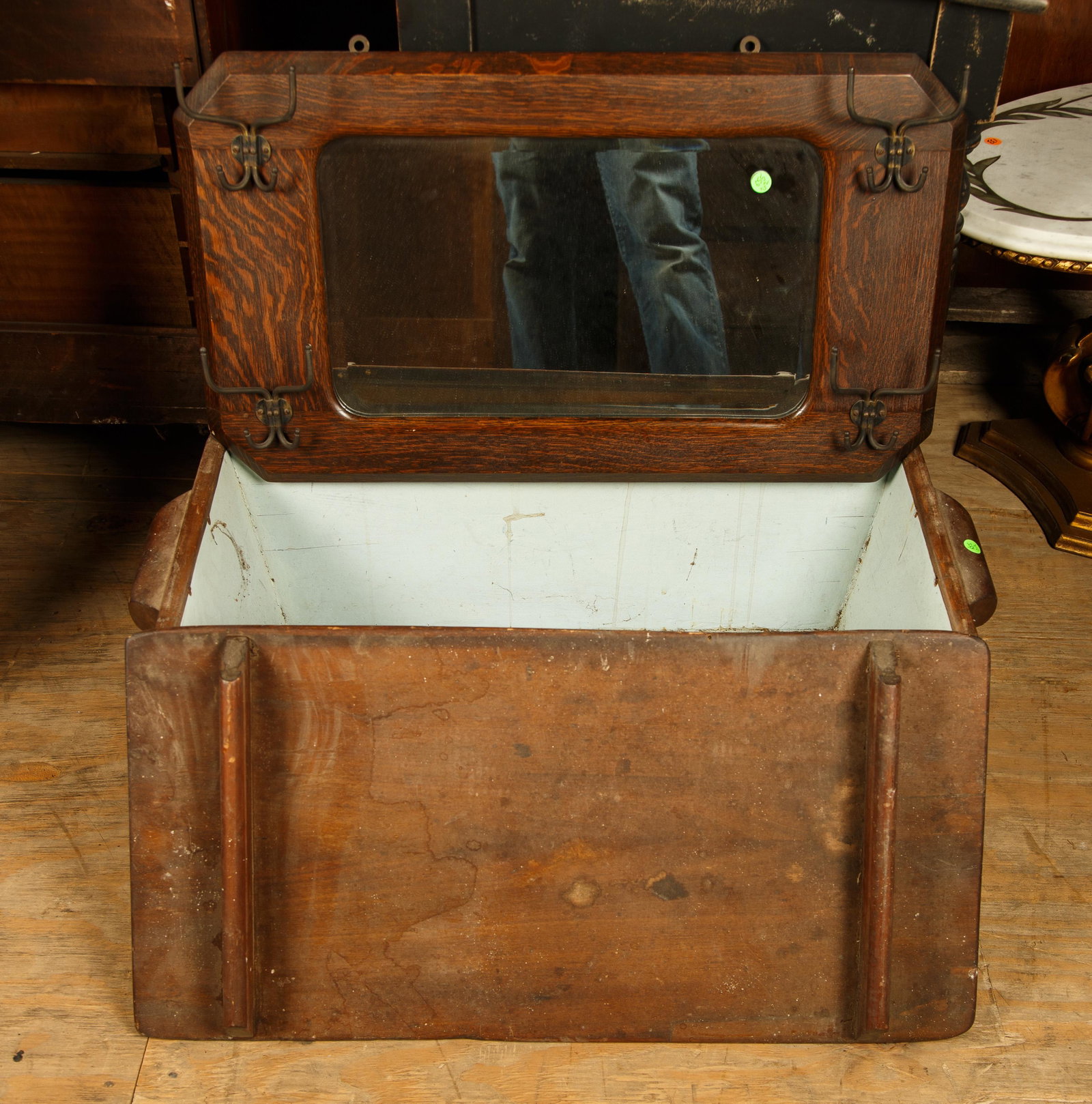 Oak Beveled Mirror & Dough Box: Oak beveled mirror with four hooks and a dough box with interior that has been painted white. Furniture Pick-up Availability-We will have staff available at our Hay Street Location on Thursday the 20t