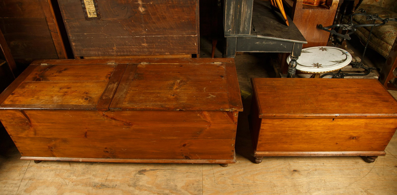 Pine Wood Box and Blanket Chest: Pine wood box measures 61" W x 23 1/2" D x 24" H. Early 19th century pine blanket chest measures 20" H x 37 1/2" W x 16 1/2" D. Furniture Pick-up Availability-We will have staff available at our Hay S