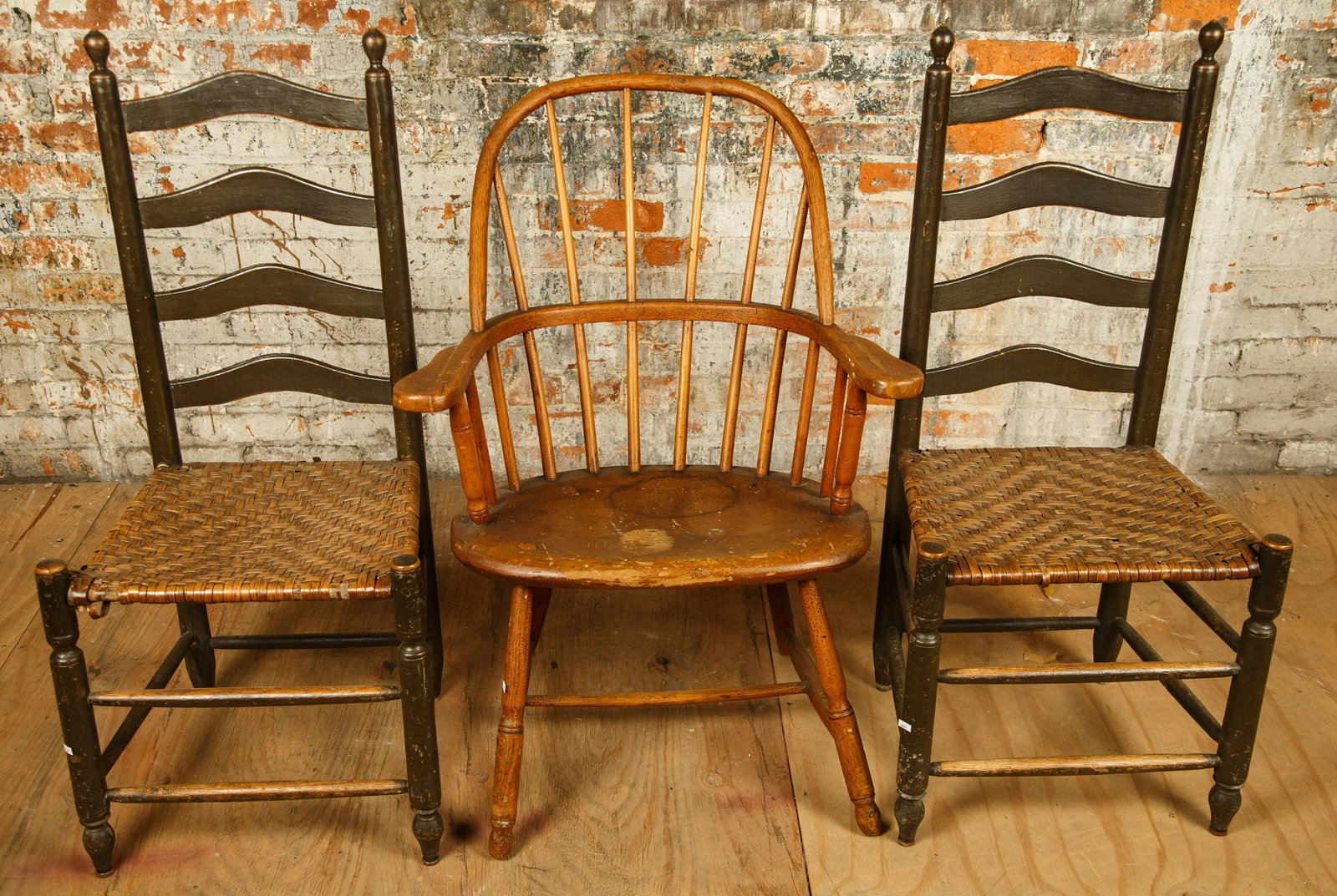 18th C Ladder back Chairs & Bowback Arm Chair: Pair of 18th C ladder back chairs with split ash seats and late 19th C bow back arm chair. Furniture Pick-up Availability-We will have staff available at our Hay Street Location on Thursday the 20th a