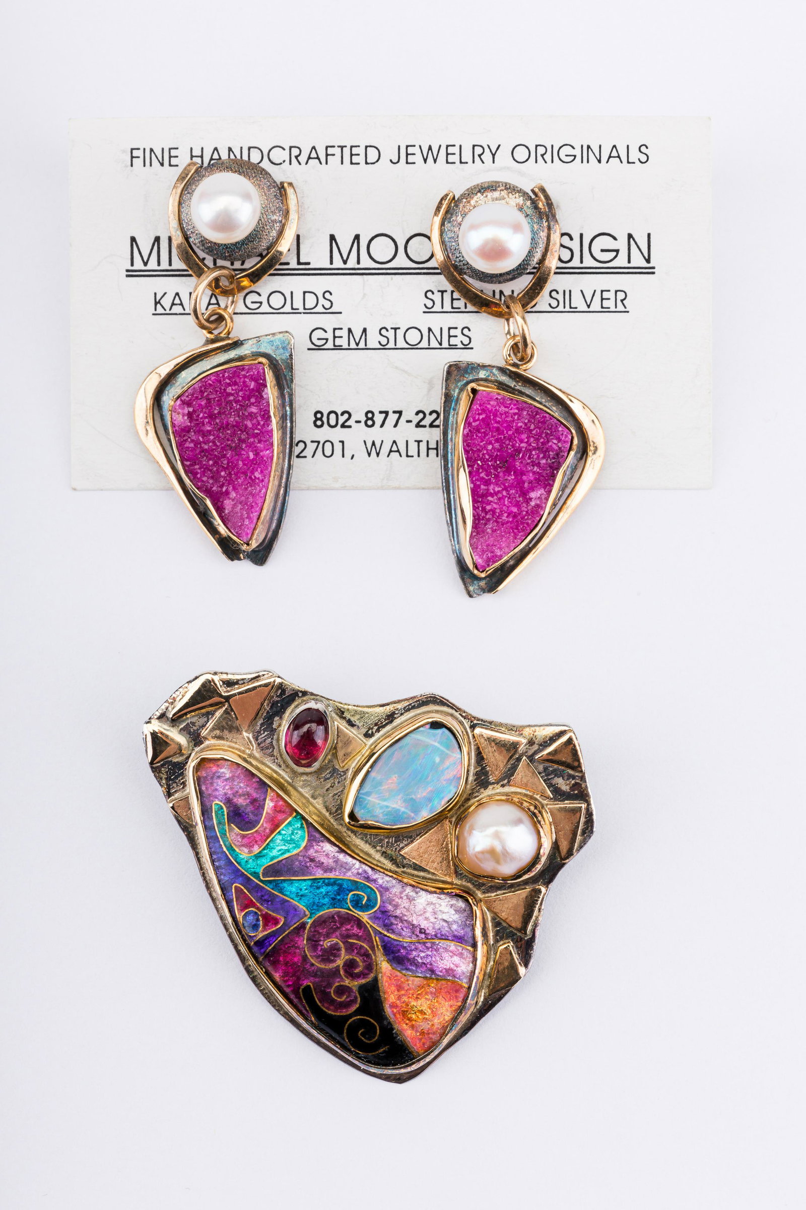 Sterling 14K Gold Geode Pearl Earrings & Opal Pin (1 of 5)