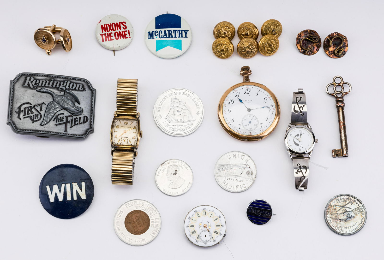 Vintage Watch Collection and More: Antique gold fill cased Elgin pocketwatch, girard Perregaux circa 1940 wristwatch, silver Native American band watch, antique enamel face movement, Masonic cufflinks, and more. All watches as is.