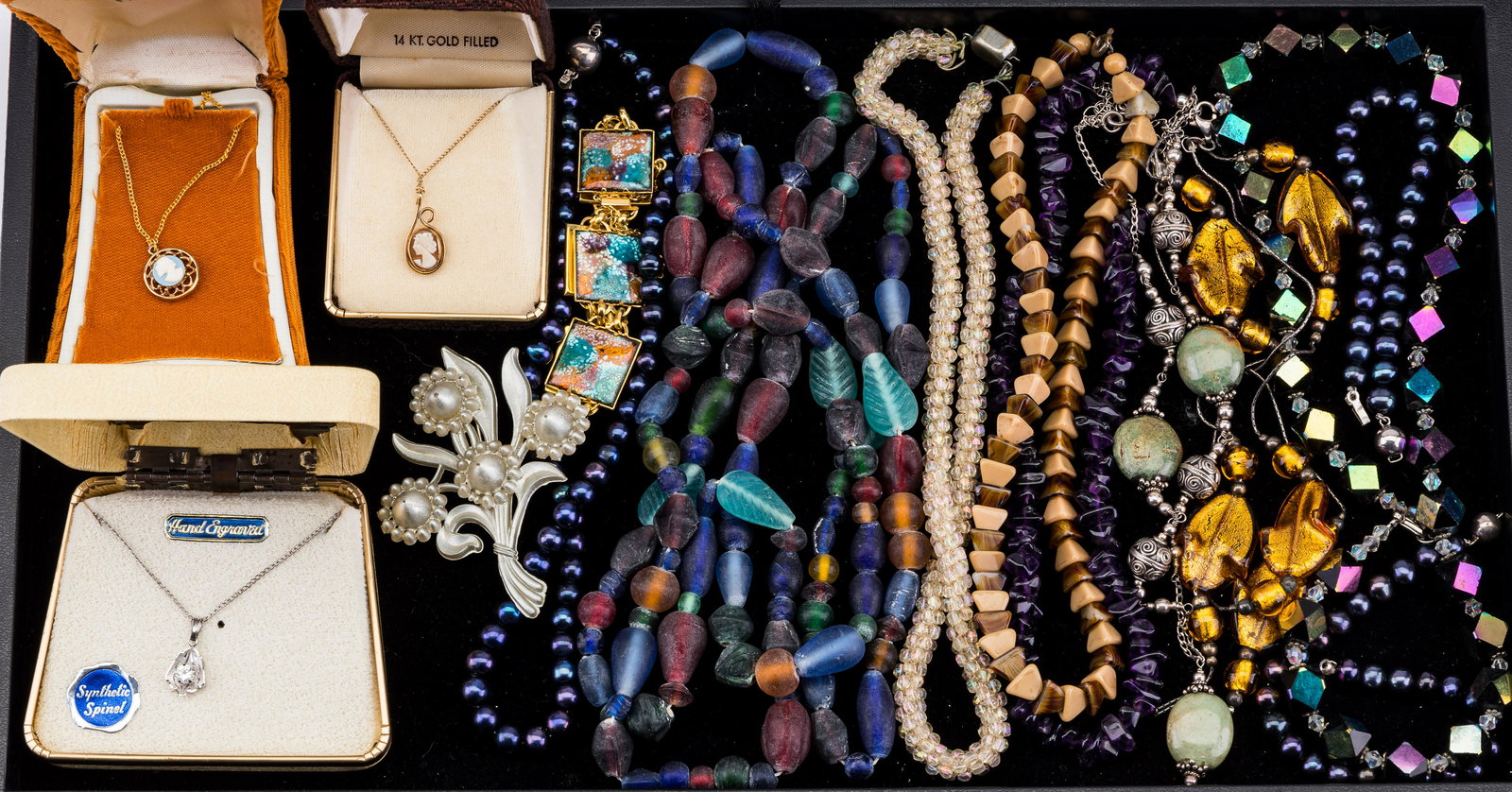 Vintage Boxed Jewelry and More: Two gold filled cameo necklaces, sea glass necklace, turquoise style necklace, and several other pieces.