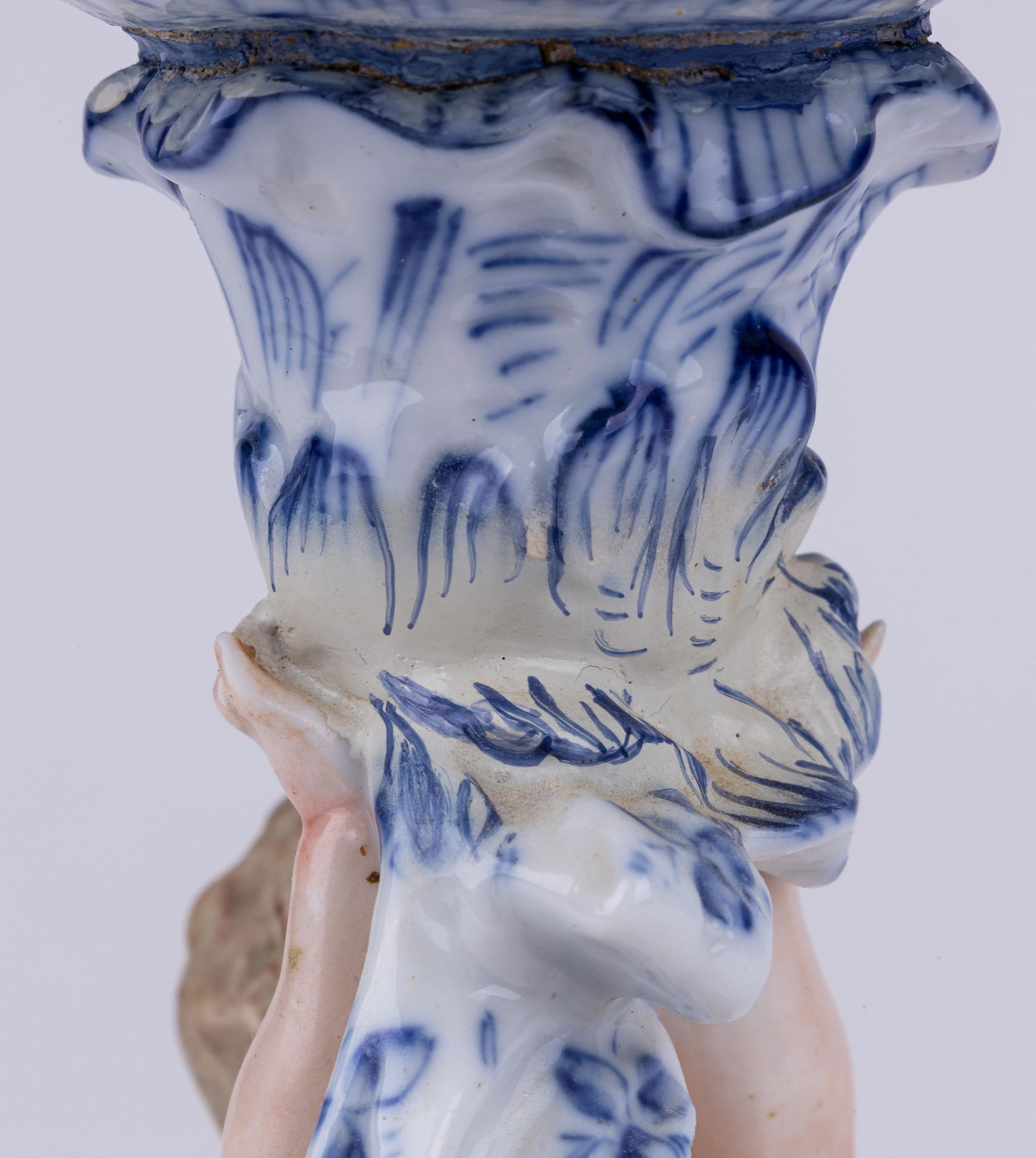 Antique Porcelain Lamp: Early Victor Mfg. Co Porcelain blue and white hand painted Putti with applied flowers lamp base.