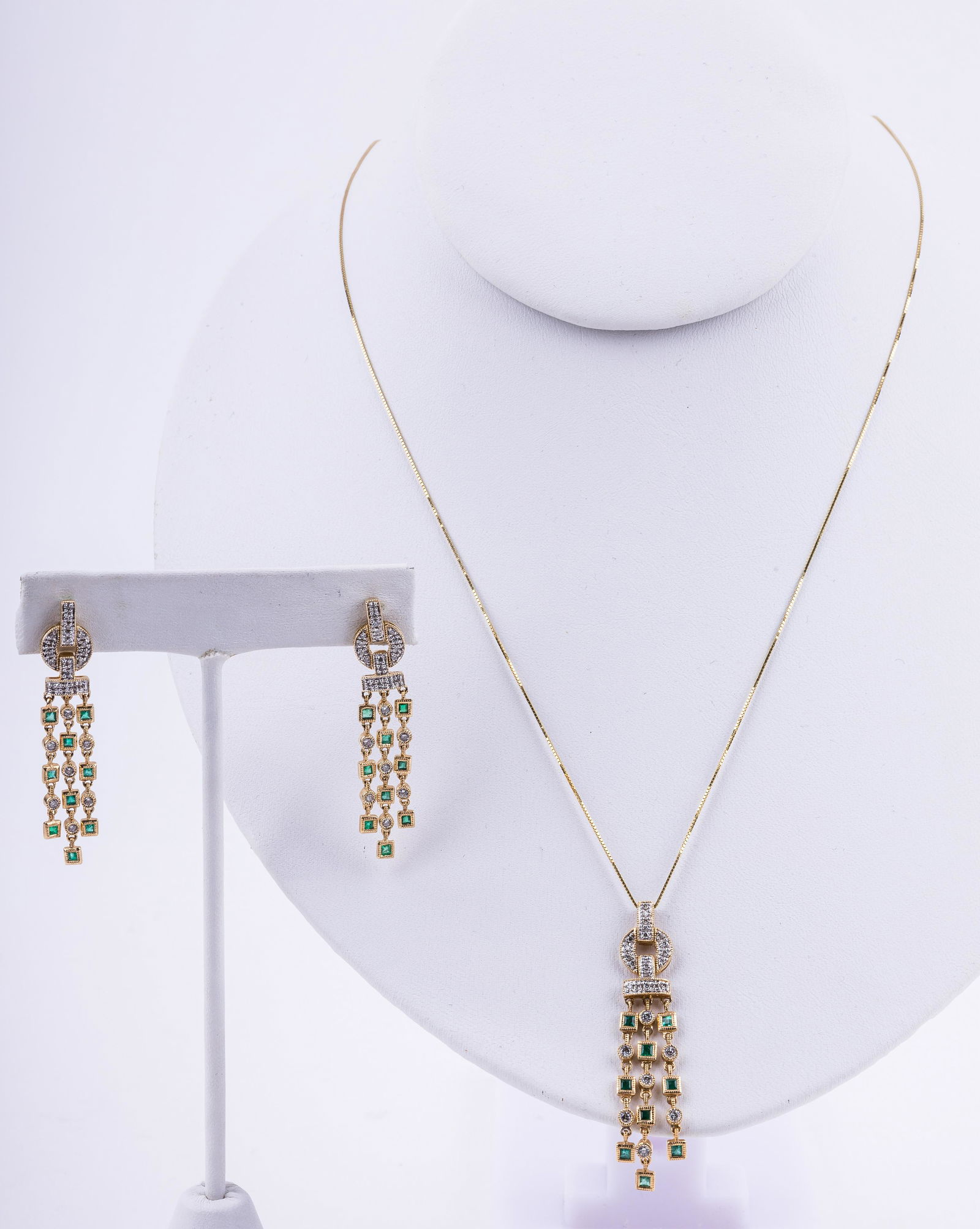 14K Gold Diamond Emerald Necklace / Earring Set (1 of 4)