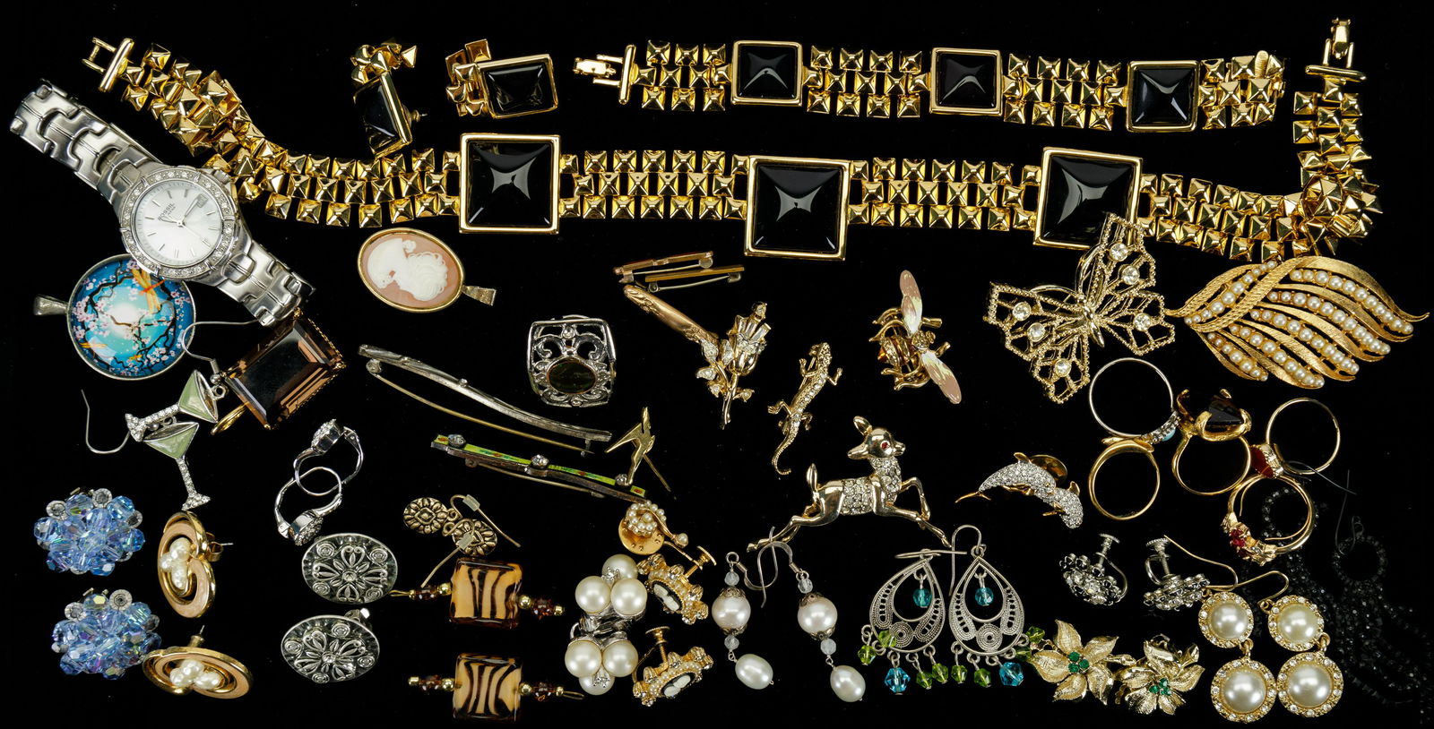 Vintage Costume Jewelry: Large lot of costume jewelry includes Monet necklace and bracelet set, Fossil watch (not tested), large smoky quartz pendant, freshwater pearl earrings and all others unmarked. Many pairs of earrings,