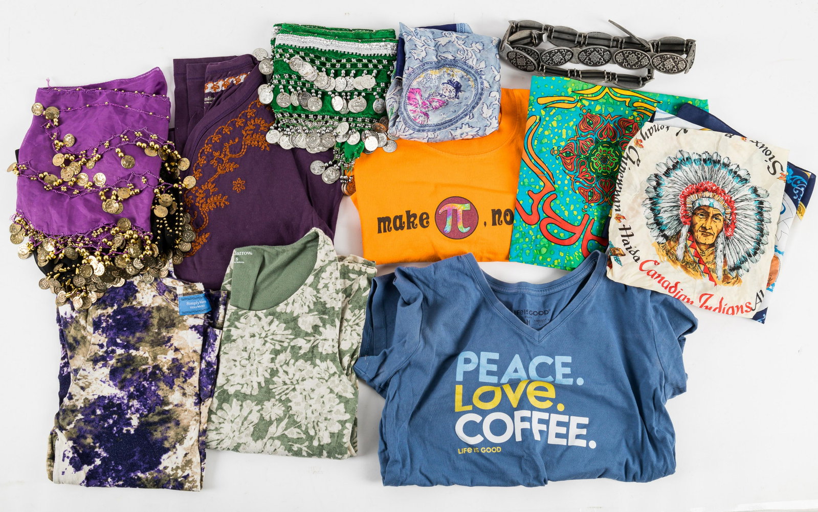 Hippie / Festival Fashion Accessories: Lot includes pewter belt, three belly dancing shawls, Life is Good t-shirt, Make pi not war, Vera Wang and two more shirts, bandanas, scarves and more. See photos