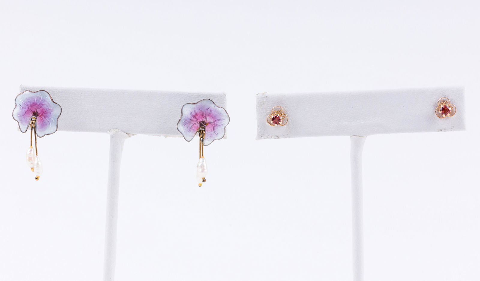 14K Gold Stud Earrings & Sterling Lotus Earrings: Two pairs of earrings including pink enameled sterling silver cherry blossoms with freshwater pearls and a pair of 14K yellow gold garnet stud earrings