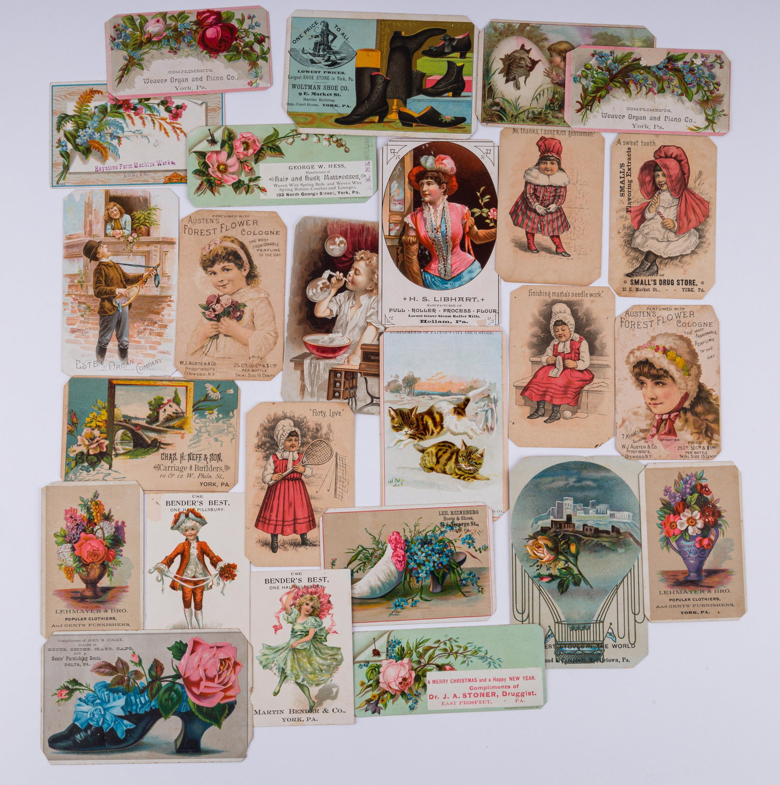 Antique Victorian York Pennsylvania Trade Cards: Total of 24 antique Victorian trade cards, all from York County, Pennsylvania. most have clipped corners.