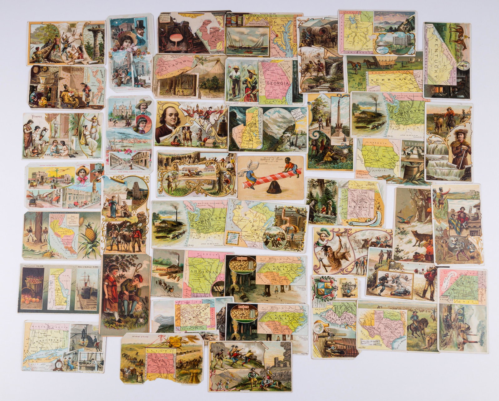 Antique Victorian Coffee Trade Cards: Lot of 45 antique Victorian trade cards, mostly coffee theme. Some have clipped corners.