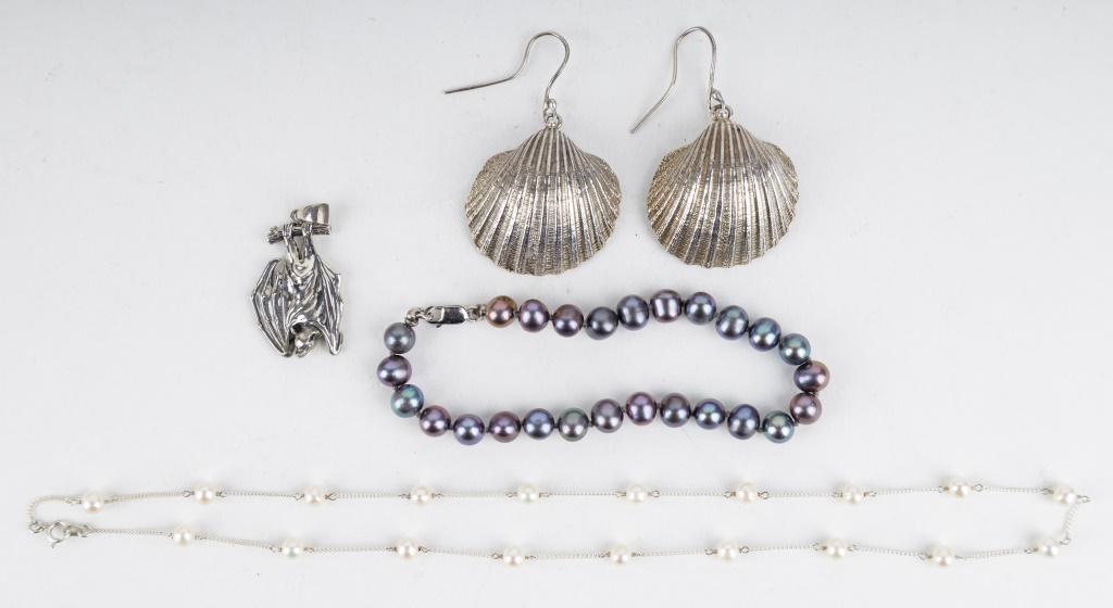 English Vintage Earrings and Pearl Jewelry: Hallmarked England sterling silver shell earrings, sterling silver suspended Bat pendant, pearl bracelet and sterling pearl necklace.