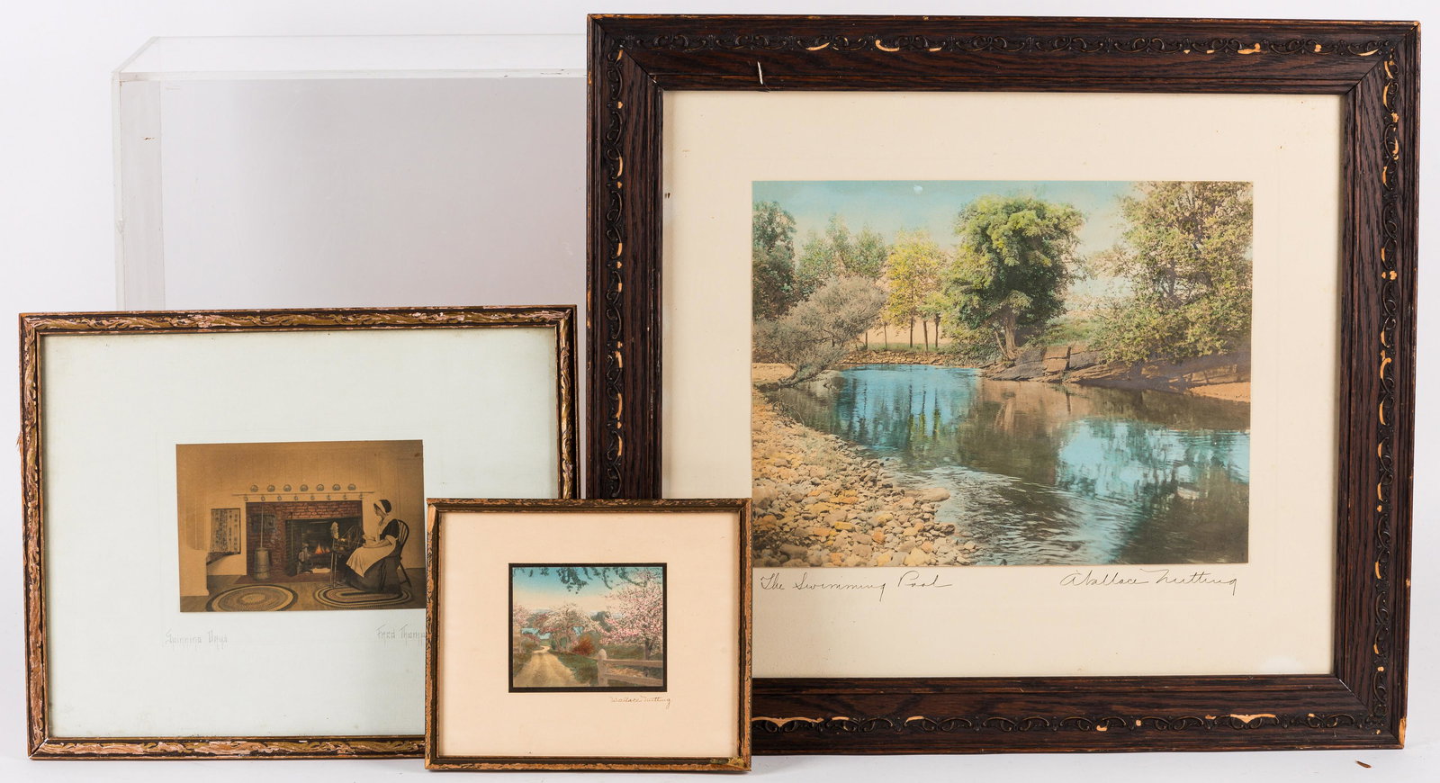 Nutting and Other Hand Tinted Photographs: Fred Thompson and Wallace Nutting hand tinted photographs. Large Wallace photograph titled 'The Swimming Pool' approx 13.25" x 10.25" (image size) along with untitled 3" x 4", both signed. Fred Thomps