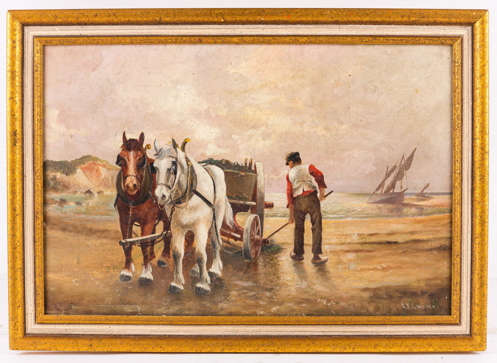 E.F. Lincoln Oil on Canvas: Exposed area approximately 11.5"H x 17.5"W. Depicts a horse drawn wagon and man with stick in front. Signed E.F. Lincoln lower right. Old repair to canvas on back (seems undetectable from front).