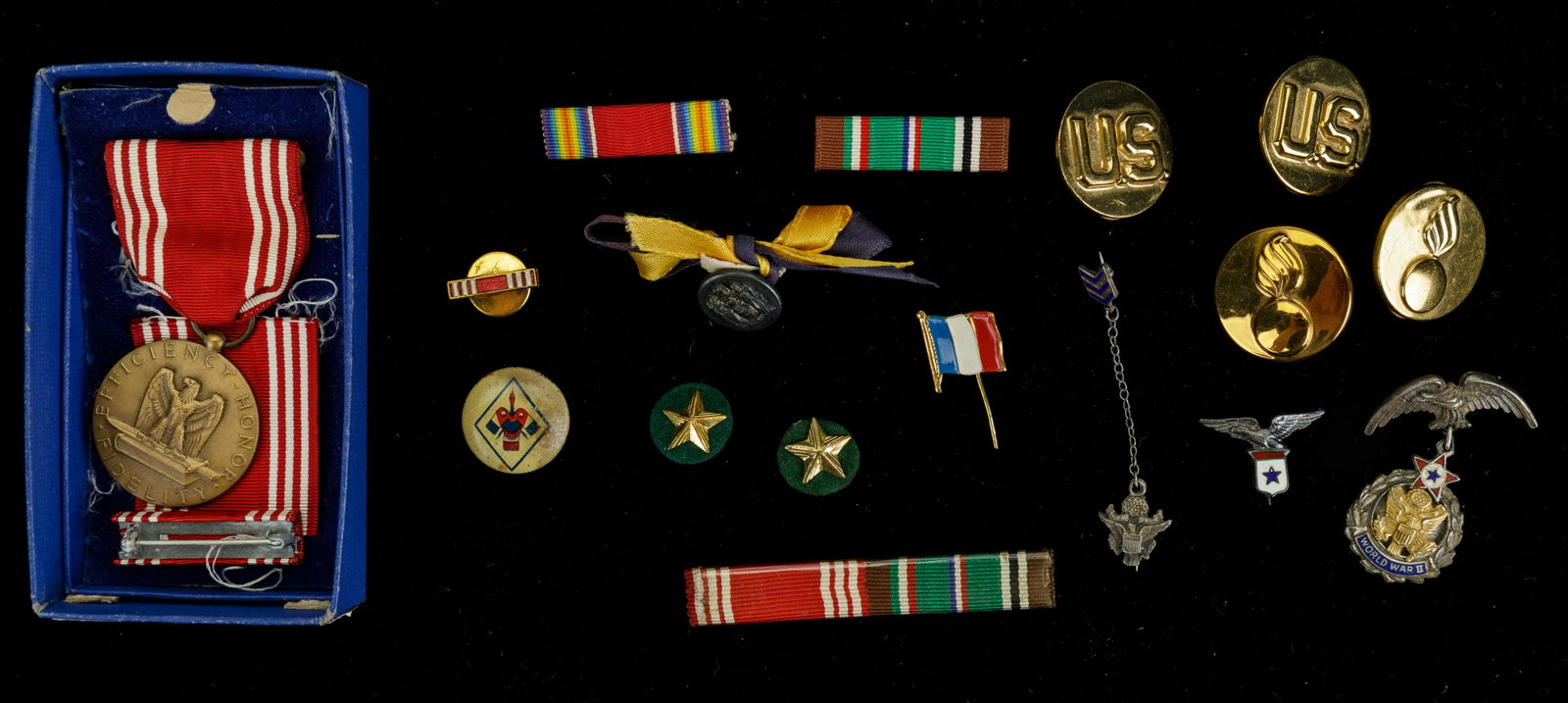 Vintage Military Buttons & Medals: Sterling silver WW2 one star eagle pin medal, U.S. Army sergeant's bars, French stick pin, pep pin, U.S. Army buttons and more.