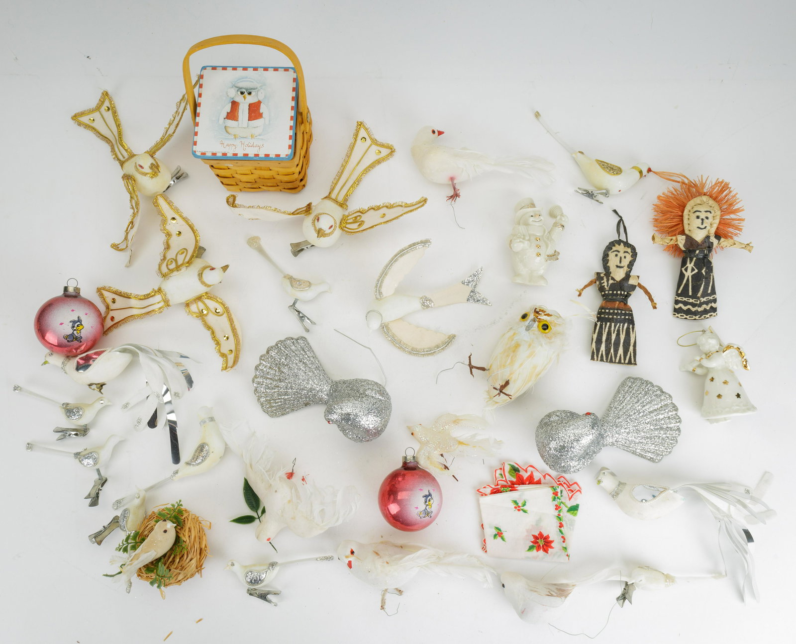 Vintage Christmas Decorations: Vintage Christmas items including Lenox angel, snowman, clip tree birds, owl ornament, glitter doves, folk dolls, Thumper ornaments, poinsettia hankie and more.