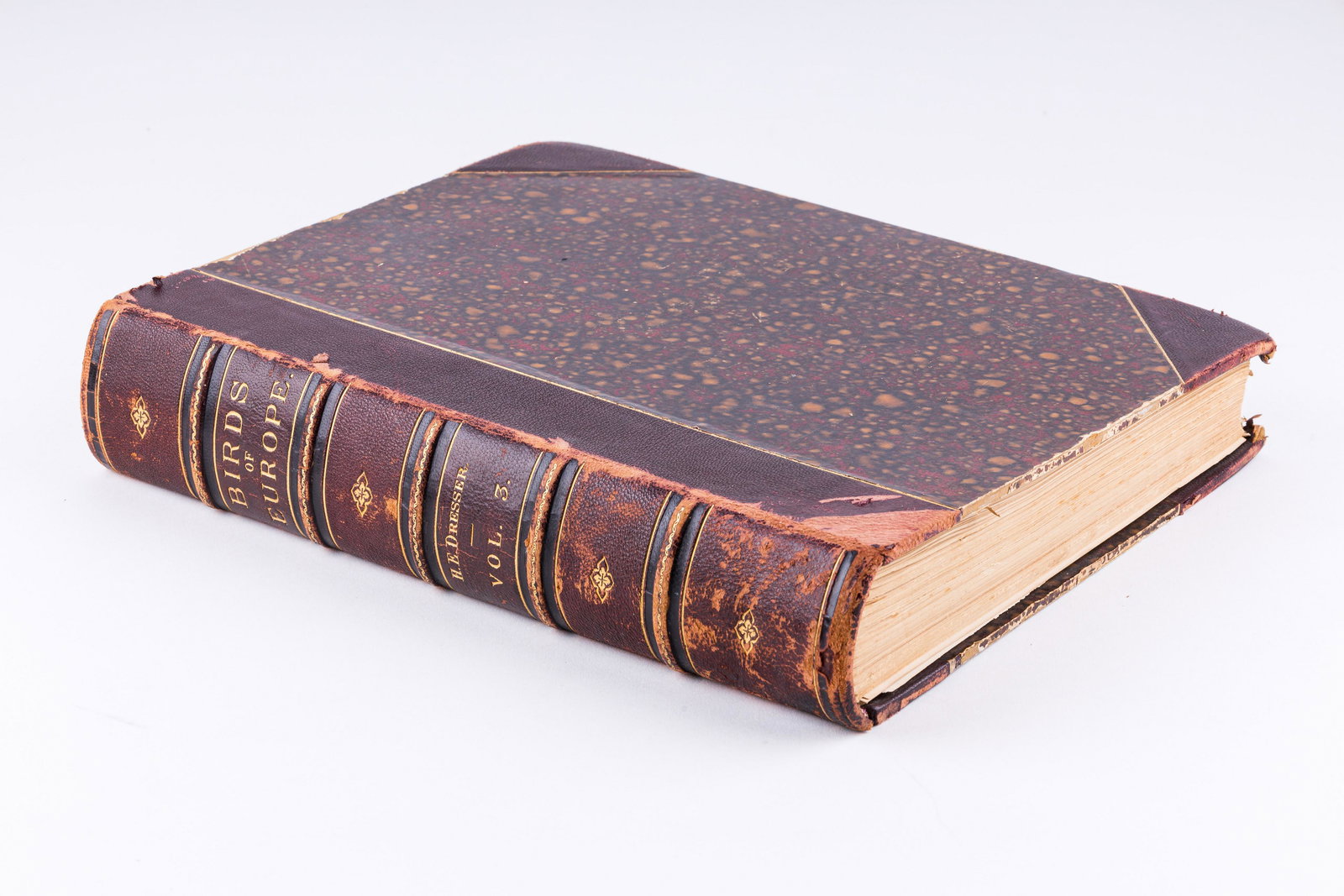 Antique Birds of Europe Book w/ Lithographs: Antique 1871 to 1881 "Birds of Europe" Volume 3 by H.E. Dresser book with 17 color lithographs (others have been removed). Condition includes some rough edges, foxing, staining, creases and discolorat