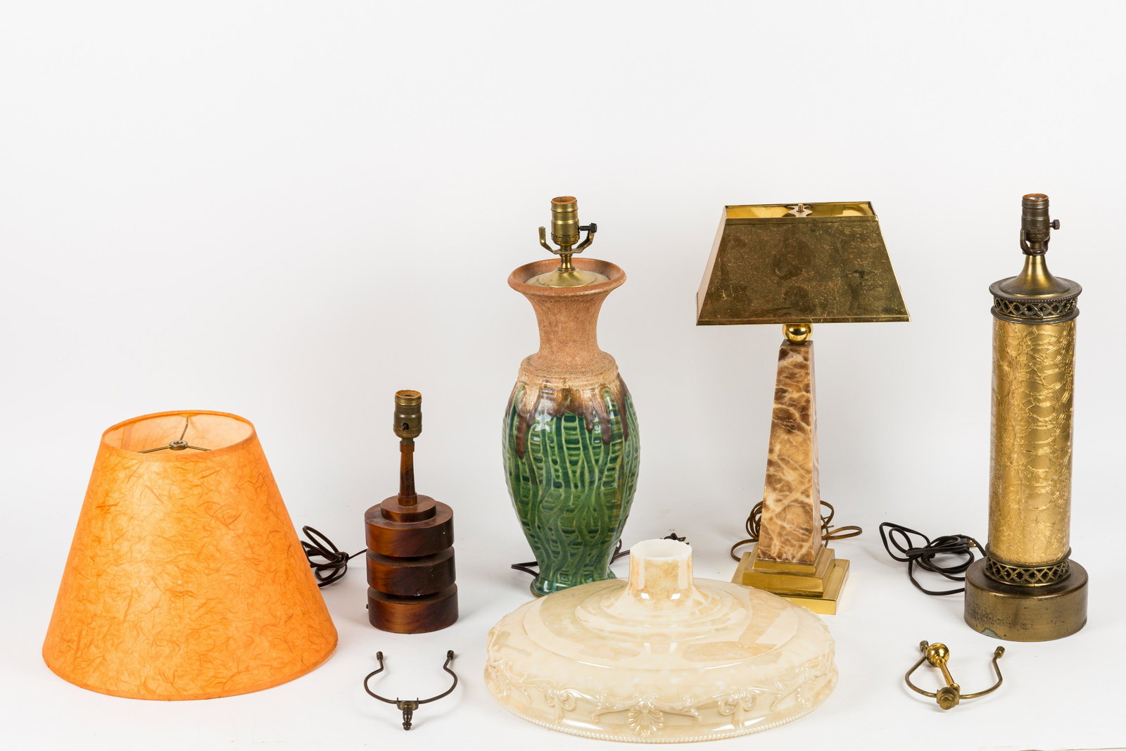 Vintage Lighting, Lampshade: Includes glass lampshade, marble and brass obelisk, MCM wooden lamp, art and green drip glaze light (signed possibly A. Dith) and crackle glass lamp. See photos.