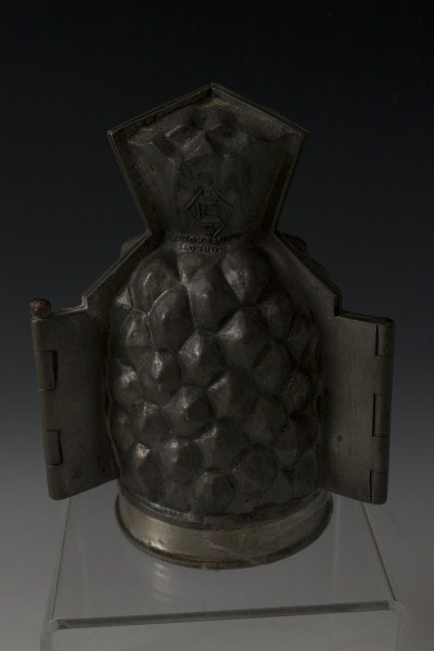 English Pewter Pineapple Confectionary Mold: Pewter pineapple chocolate mold 7 1/2"h dated and signed by Harton & Sons London