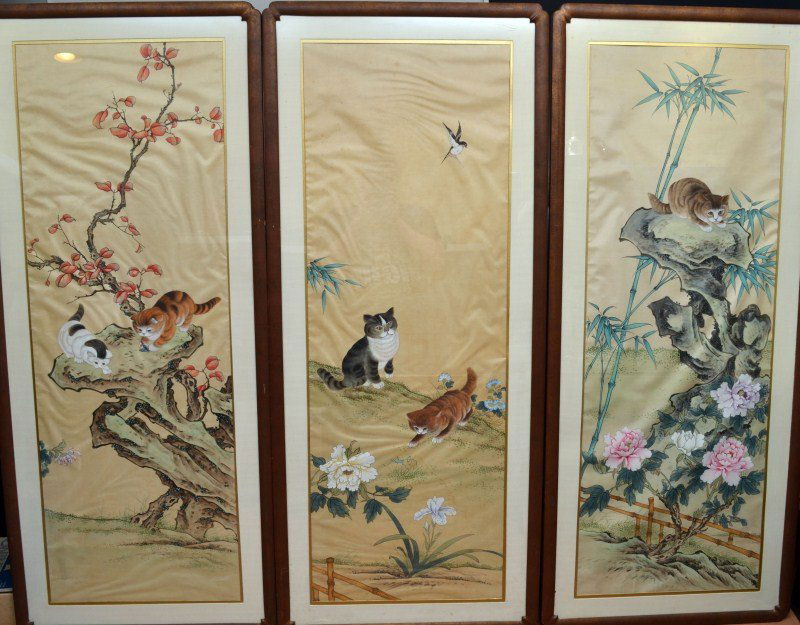 Original Japanese Tempera on Silk: Early 20th C original Japanese series of three tempera paintings on silk depicting classically executed kittens frolicking with insects in a Japanese landscape each measuring OD 26" x 61" and nicely f