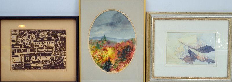 Decorative Art: Grouping of framed decorative art including a watercolor by Barbara Frey, watercolor by C. Porter a signed block print of Annapolis and