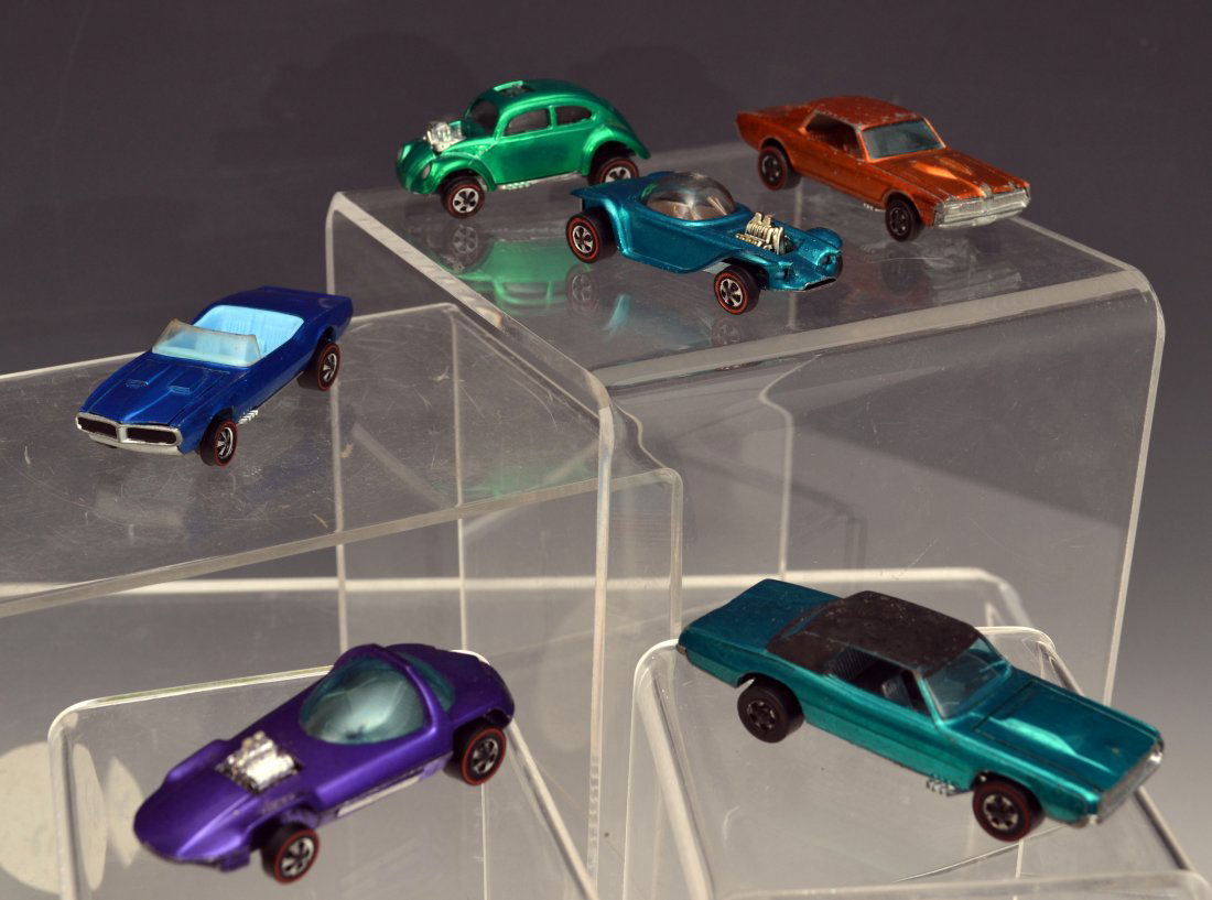 Hot Wheels Cars: 1967 Red Line Silhouette, Hot Wheels Redline "Custom Volkswagen, Redline Beatnik Bandit, 1969, Custom Firebird 1957, Hot Wheels Redline 1967 base Custom T-bird, Custom Cougar 1967, all show light to m