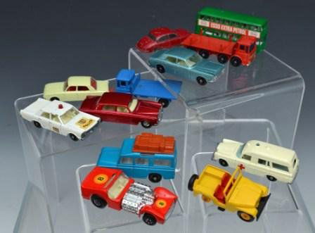 Matchbox Cars by Lesney: Matchbox cars by Lesney including #60 Site Hut Truck (no hut), Road Dragster 1970, #12 Land Rover Safari, #72 Jeep missing wheels, "Binz" Ambulance, #24 Rolls Royce Silver Shadow, # 53 Ford Zodiac, #6