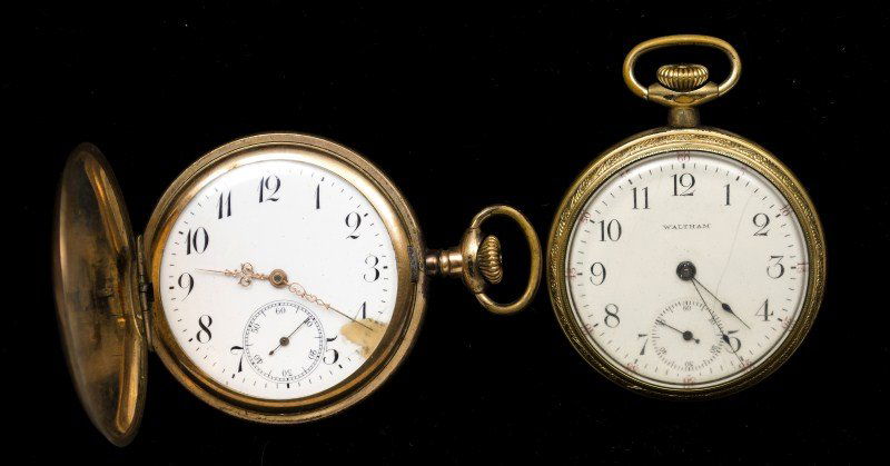 Waltham Pocket Watch: Waltham open face 14K GF 14s pocket watch; movement #13411668, Skeptor case #5946525, runs; also with another non working gold filled hunters case pocket watch