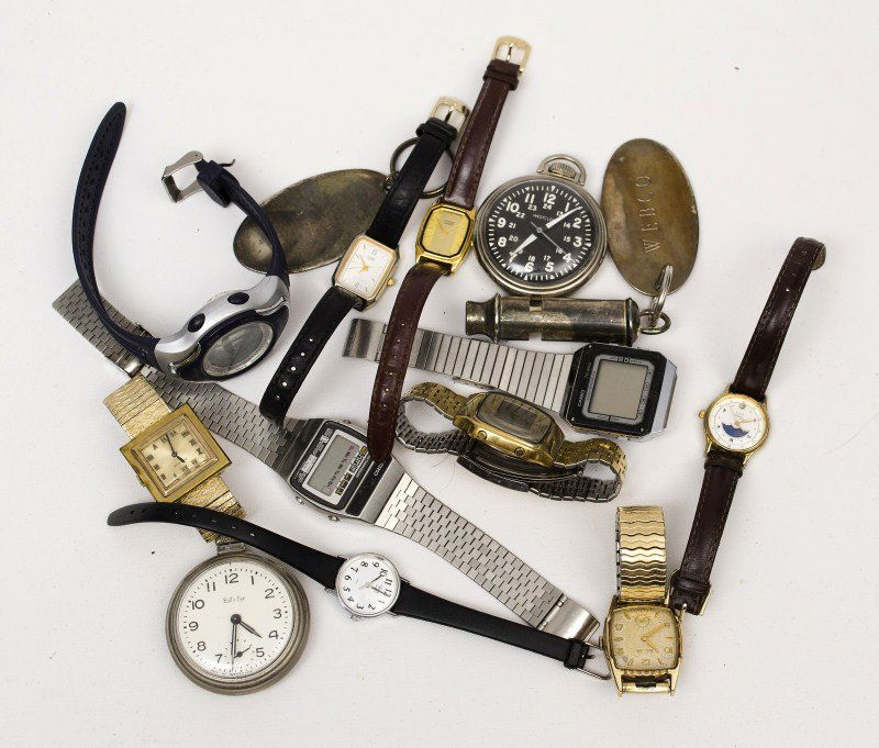 Bulova, Citizen Watches: Grouping of (2) Bulova watches with (2) ladies Citizen watches and other misc wrist and pocket watches