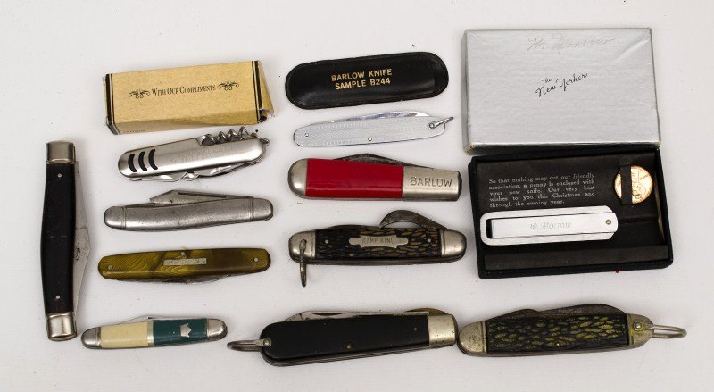 Pocket Knives: Grouping of (11) pocket knives including (1) knife presented to W. Morrow in original box (2) Cammilus, (2) Imperial, (2) Barlow (one is sample b244), and (4) others