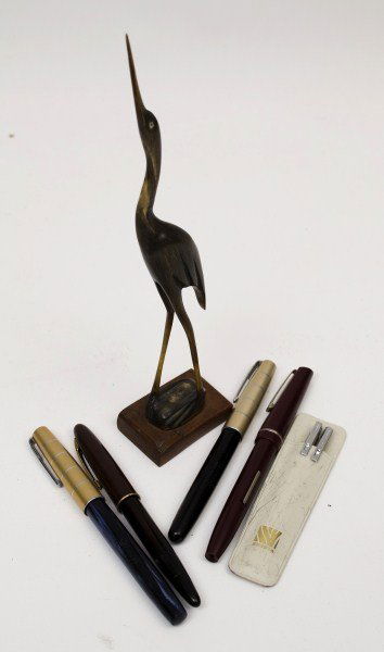 Collection of Pens including Waterman's 14K Pen: Waterman's Ideal fountain pen with a 14K nib along with a Zebra pen and pencil, a Waterman's fountain per, Shaeffers fountain pen, Osmiroid fountain pen and a carved heron 9"h