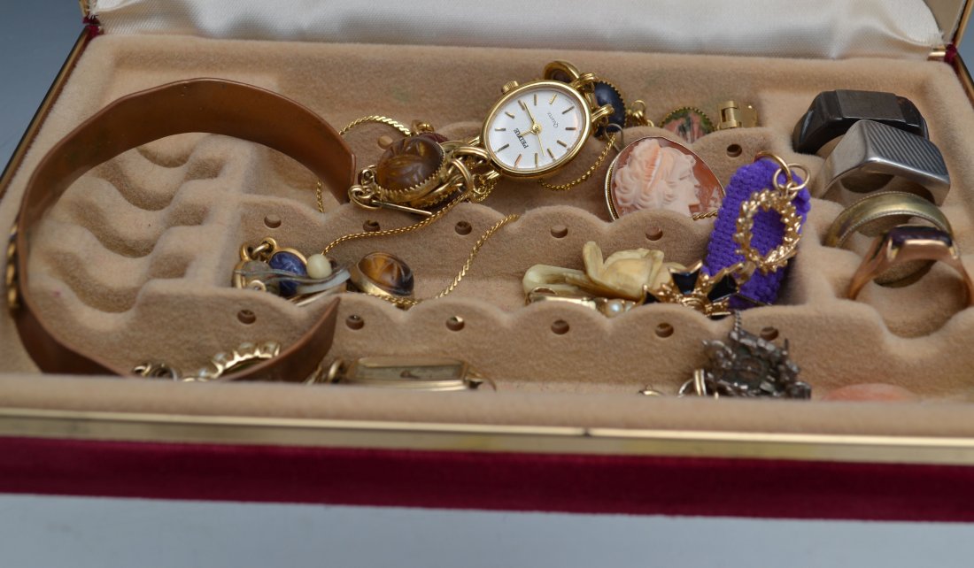 800 Silver and Other Jewelry: Grouping of jewelry. Including gold-filled scarab bracelet; 800 silver framed cameo pendant; steel rings; carved ivory rose pendant; etc.