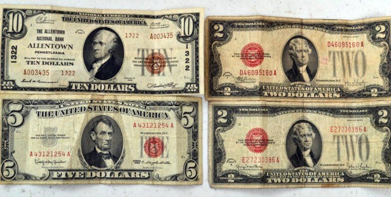 Red Seal US Currency: Allentown National Bank Red Seal $10 bill, 2 1928 Red Seal $2 United States Notes and 1 1953 Red Seal $5 United States Note
