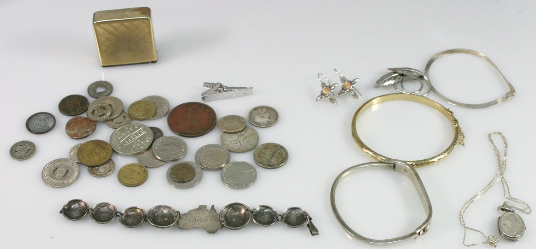 Sterling Silver and old coin lot: Includes sterling silver necklaces; bracelets; 14kt gold plated tape measure and old coins
