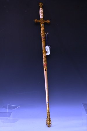 Masonic Eminent Commander Dress Sword: Masonic Eminent Commander Dress Sword, knight's helmet pommel, light grip, 30" blade etched William G Pleasant and made in Germany, gilt scabbard decorated with stones/glass