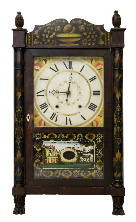 M & E Blakeslee Plymouth Con. Clock circa 1830's: Clock invented by Eli Terry, made and sold in Plymouth, Connecticut by M & E Blakeslee & Co circa approx. 1830's. Measures approx 29.5" H x 17" W x 5" D. Has reverse painting that has some loss. Face 