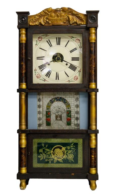 Early 19th C. Birge & Peck Triple Decker Clock: Birge, Peck & Co. triple decker clock. Clock measures approx 35" H x 16" W x 5.5" D. Has door key and winder key. Has original reverse painting with some loss, wood finish is rough, top of crest is br