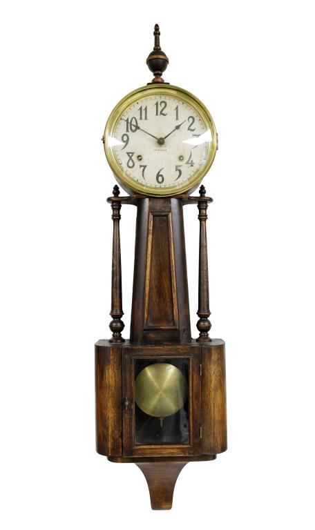 Vintage "Nile" Ingraham Banjo Clock, 33": An early 20th century Ingraham Clock Co. brand banjo clock with a round and original face. Clock measures approx. 33" high x 9.75" wide x 4". Case is in excellent condition, as seen in photography.