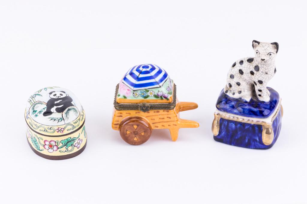 Figural Pottery Pill Boxes (3): Three figural pottery boxes, one cat shaped, one in the shape of a cart, and one with a panda.