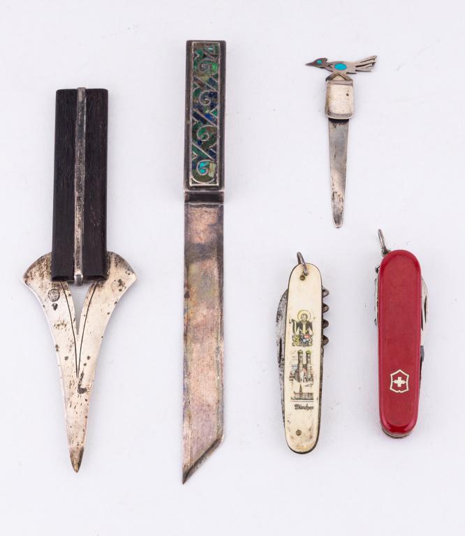 Mexican Silver Letter Openers & Knives: Three Mexican silver letter openers, along with a swiss army knife and a bone handled pocket knife.