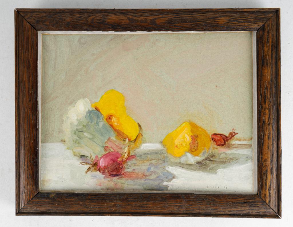 Stuart Shils (1983 Phila) Oil Painting: Stuart Shils (American, b. 1954) cut squash original oil on paper and mounted on board. Measures approx 5.5" by 7.5" and signed by artist in LR corner. Painting is loose in the frame. From the estate