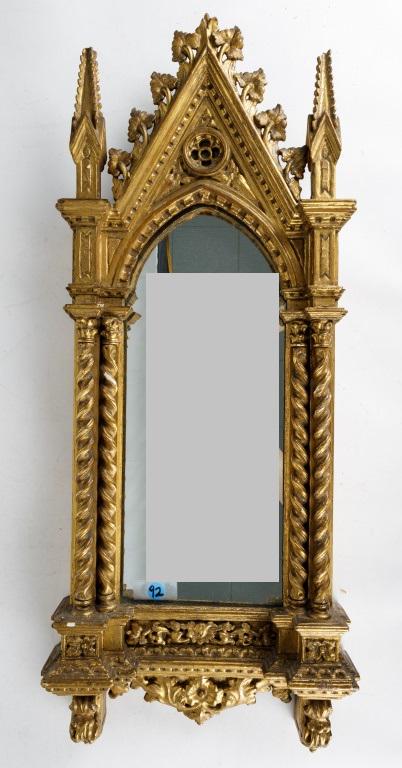 18th/19th C Steeple Type Gilt and Gesso Mirror: 18th/19th Century Gilt and Gesso with a later mirror. Measures approx. 31"x13"x3.25". Mirror is slightly loose in frame. From the estate Benjamin Franklin Hammond, PhD. Dr. Hammond was "an emeritus pr