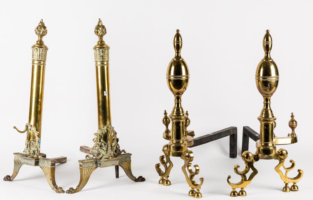 Lemon Top & Plain Top Andirons: Two pairs of Andirons, one being a lemon top and one a regular. Both are brass in construction.