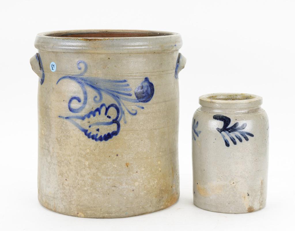 5 Gallon Stoneware Crock & Half Gallon Crock: A 5 gallon stoneware crock with feathered decoration, along with a 9" tall crock with fern decoration.