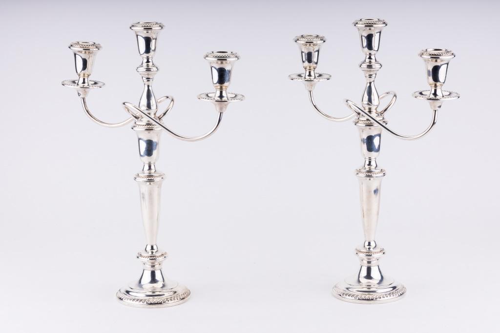 Pair WB Sterling Weighted Candelabras: Pair of WB sterling weighted candelabras measuring approx 14" tall x 12" W.