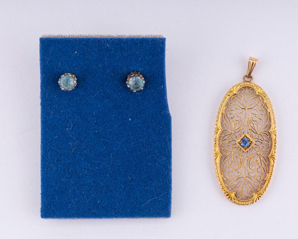 Victorian 14K Gold Pendant: Antique Victorian 14K gold pendant with filigree and central blue topaz stone and a pair of Victorian blue glass stud earrings. Pendant has an approx 1.5" L drop and weighs approx 2.26g.