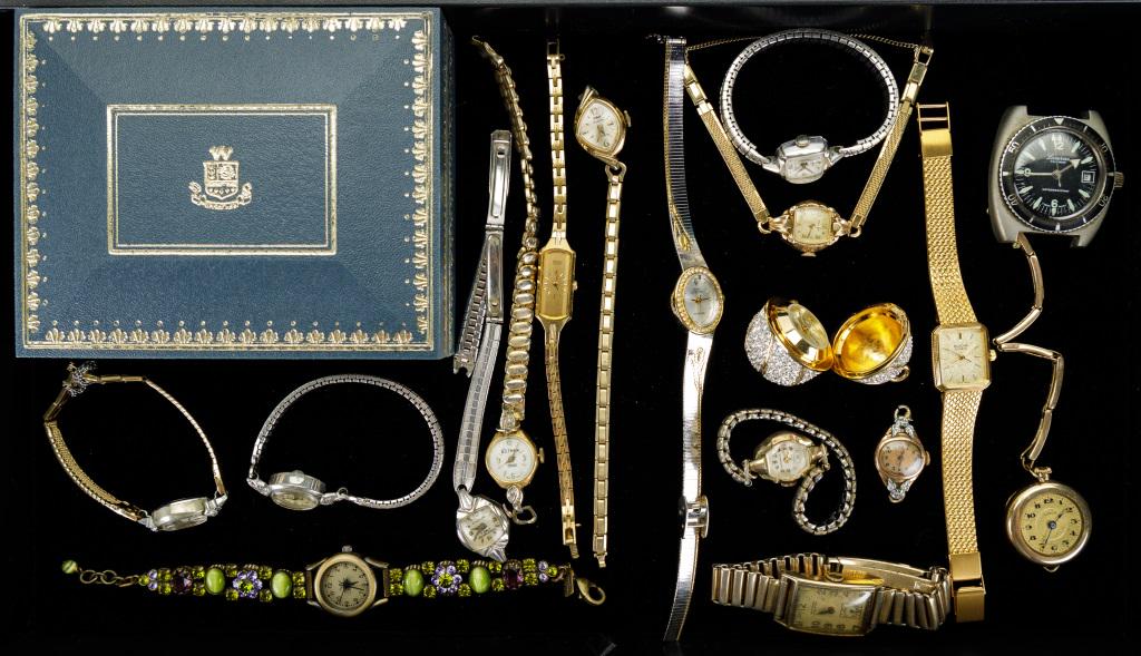 Women's Vintage and Fashion Watches: Watched include a Cico pocket watch (no crystal), Wyler with original box, Suzanne Suziro egg shaped watch pendant as well as names Bulova, Waltham, Sarah Coventry, Hamilton, Columbia Swiss, Gotham, S