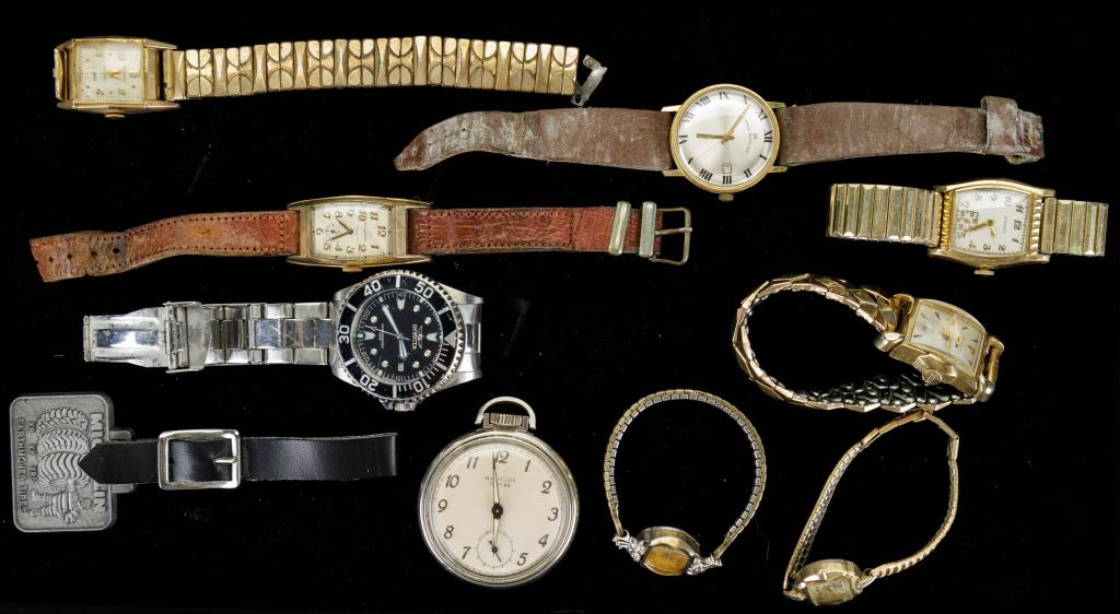 Men's & Women's Watches: Names of watches including a Westclox pocket watch and other banded watches include names Paul Gardiner, Banner, Benrus, Waltham, Helbros, Baronet, Invicta and Westclox. There is also a Michelin badge