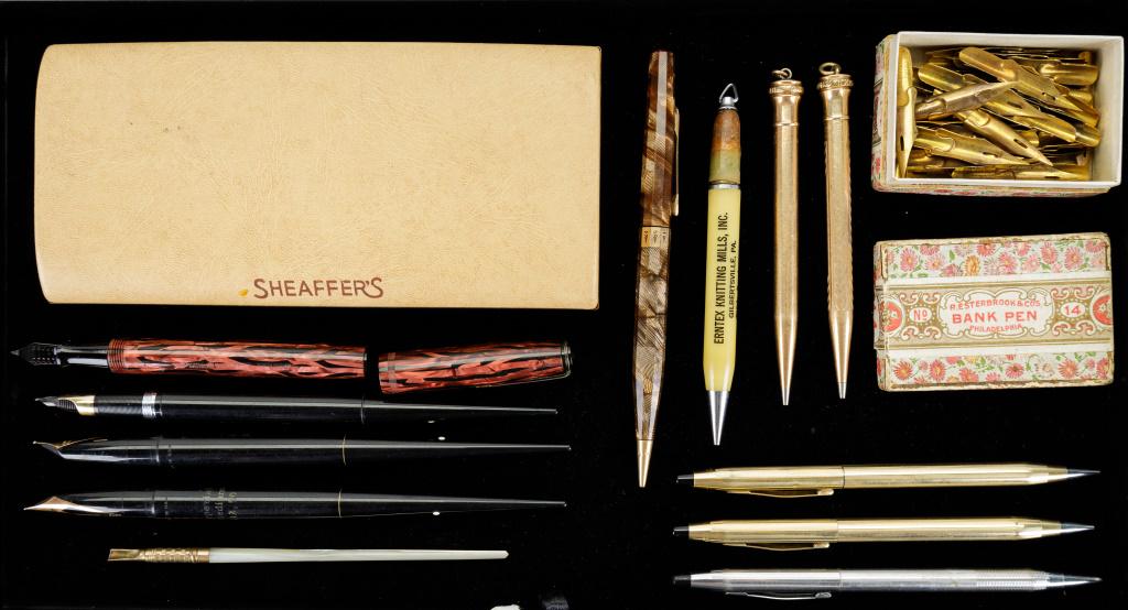 Vintage GF, Pencils Fountain Pens & Nibs: Sheaffer's fountain pen with original case, box full of gold plated 739 nibs marked Turner & Harrison Philadelphia, 12K gold filled Cross pencils,silver tone Cross pen, two pencil pendants, two gold f