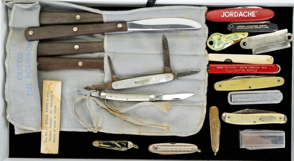 Advertising Pocket Knives, Cutco & More: Several advertising pocket knives, mother of pearl, Masons, Indian Motorcycles razor blade holder, Empire Steel Castings money clip and four No. 47 Cutco steak knives with original pouch.