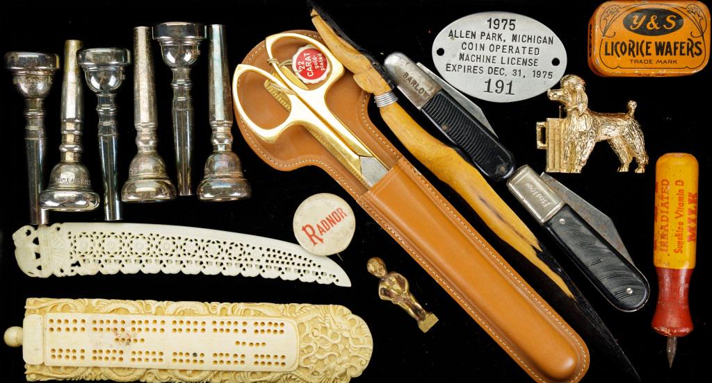 Vintage Dresser Items, Advertising & Horn Access.: Six brass instrument mouth pieces (trumpet or French horn?) by Vincent Bach (11DW, 5C 6C, 7D), Schilke (11, 13 A4A); 22K gold plated German steel scissors and ruler in sheath; wooden letter opener; Ba